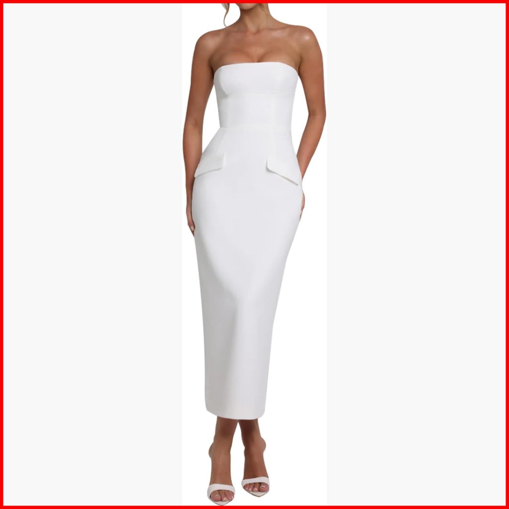 Strapless Tube Bodycon Midi Dress Back Slit Club Party Wedding Guest
